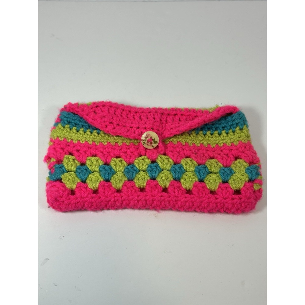 Vintage Handmade Crochet Clutch Wooden Button Grandmacore OOAK 5"x9"